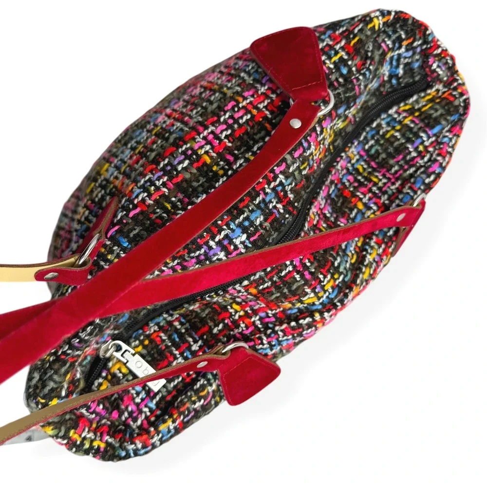 O Bag Tweed Fabric Tote‎ Bag Red Velvet Handles Medium Ready to Use Boho EUC